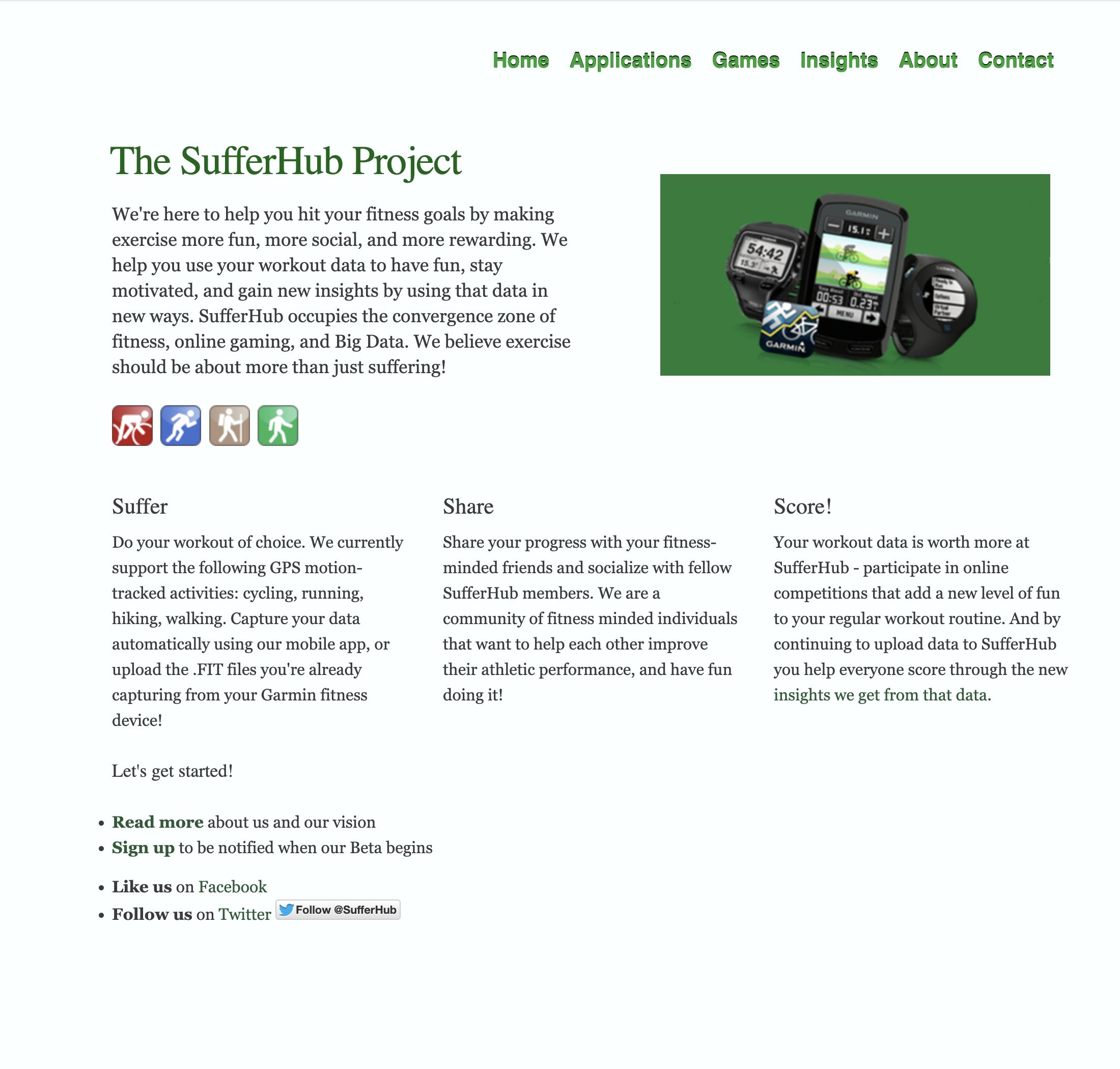 The original SufferHub homepage from July 2012, showing its product introduction, activity icons, and Suffer, Share, Score explanation
